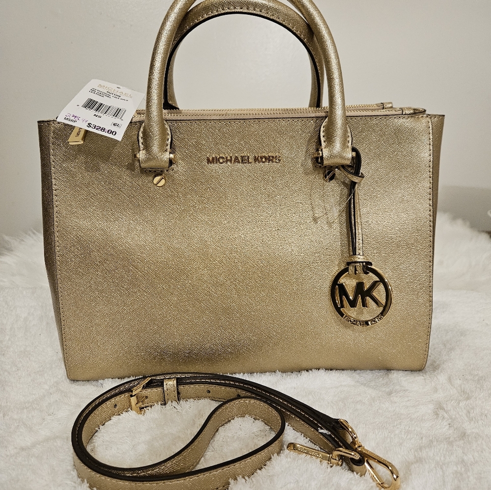 MICHAEL KORS Sutton Pale Gold Medium Satchel/ Crossbody With Dustbag. NWT